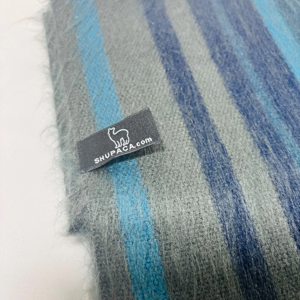 Shupaca Alpaca Blend Striped Scarf Blue Gray Fringe Handmade Ecuador
